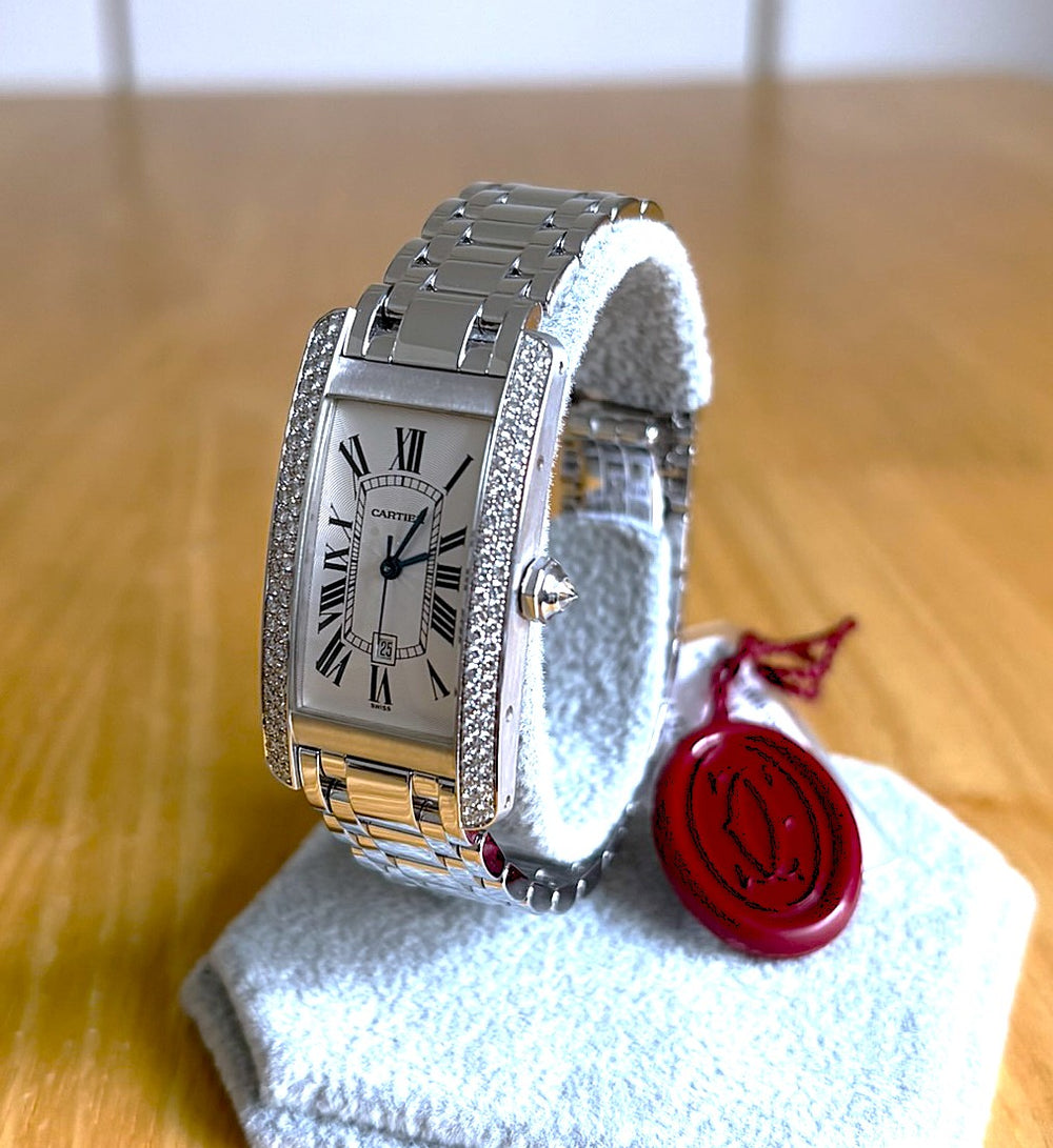 Cartier Tank Américaine 18K White Gold Diamond Bezel WB7026L1 Full Set New Old Stock
